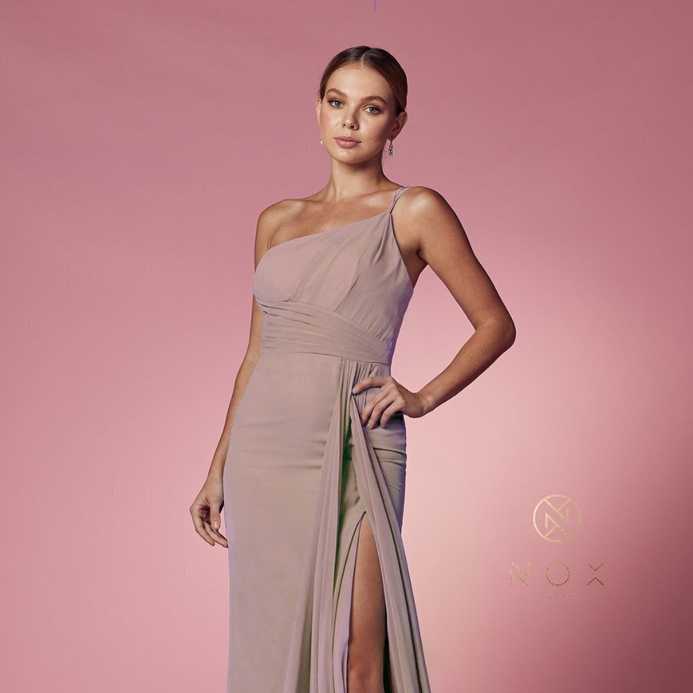 NEW FLOOR LENGTH ONE SHOULDER SLEEVELESS DRESS WITH ZIP AND LEG SLIT NX E1005